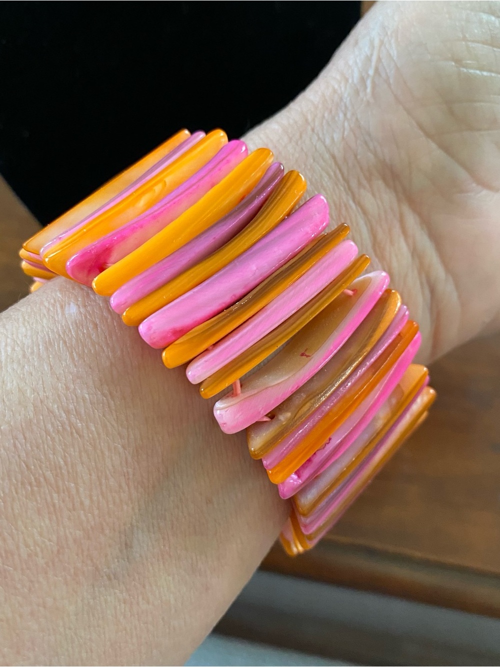 Pink & Orange & Lilac Stretch Shell Tile Bracelet - Women's Fashion Chunky Retro